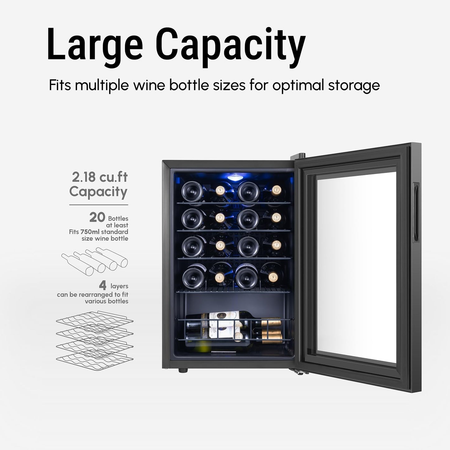 Yeego Wine Fridge – 34 Bottles Wine Cooler, 38–65℉ Digital Control with Double Glass Door & LED Light, Freestanding Wine Fridge Under Counter for Home Bar and Kitchen
