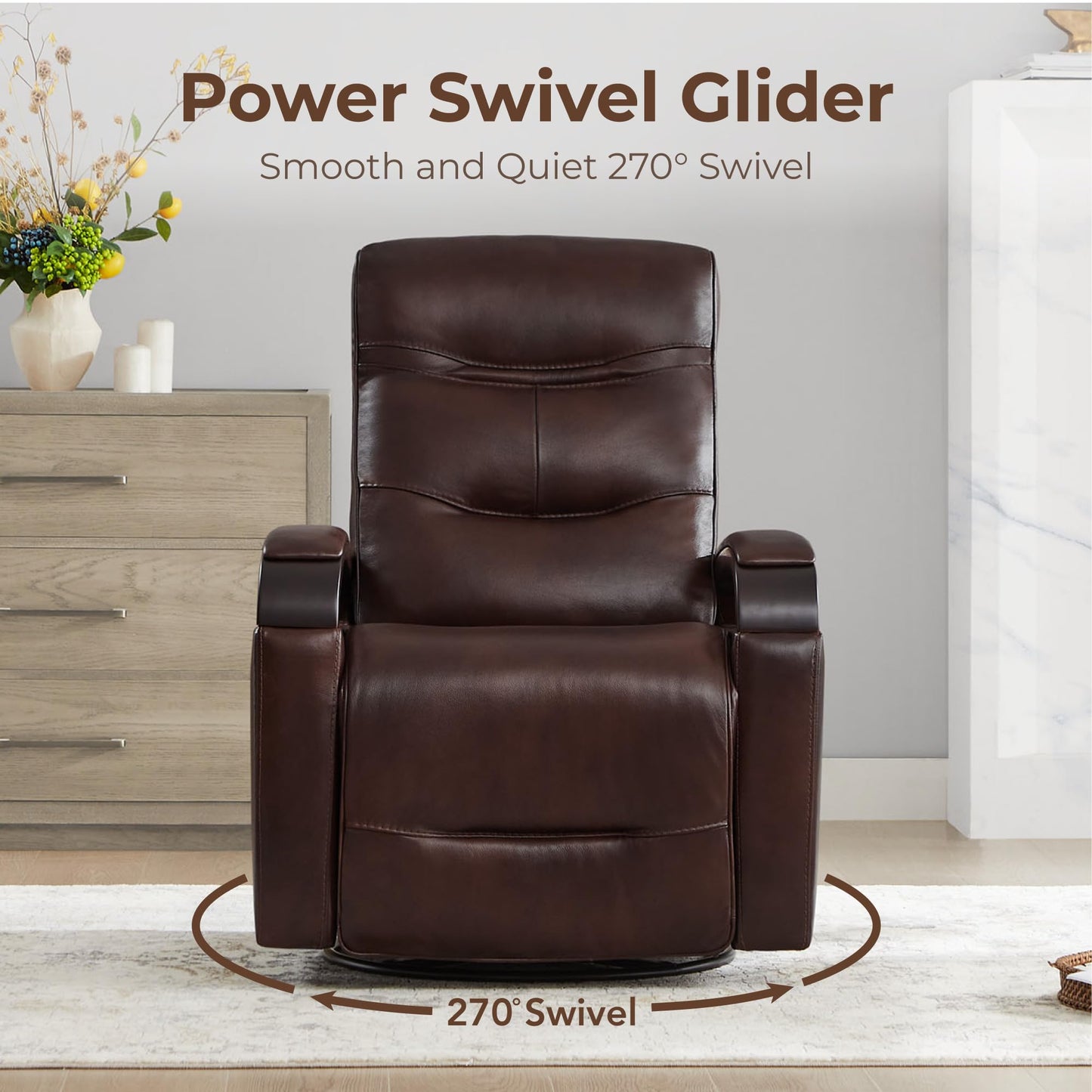 CHITA Genuine Leather Power Swivel Glider Rocker Recliner, FSC Certified Mid Century Modern Recliner Chair for Adults, Adjustable Power Headrest, for Nursery and Living Room, Cognac Brown