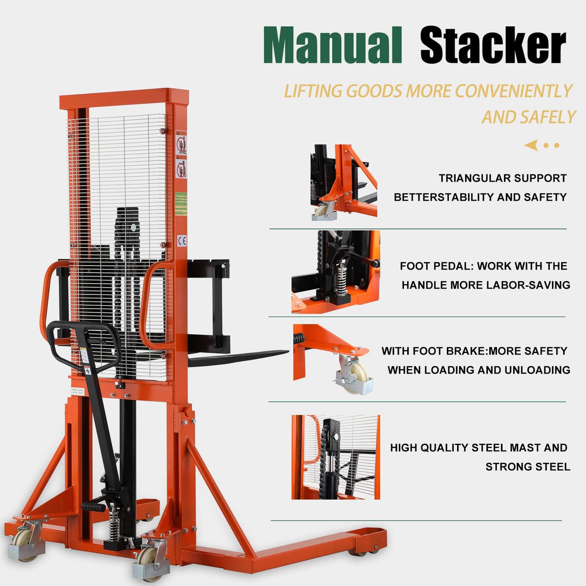 Tory Carrier Manual Pallet Stacker 1100lbs Capacity 63" Lift Height