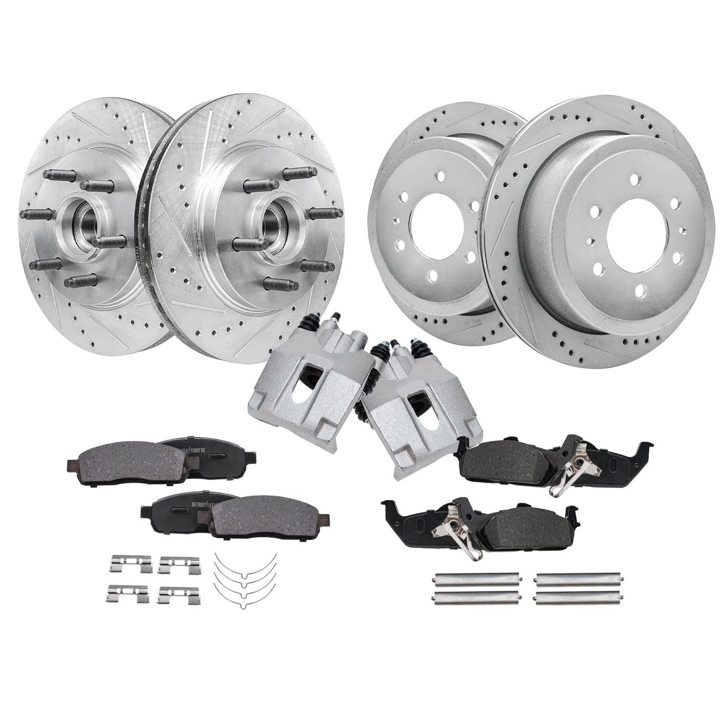 Detroit Axle - Brake Kit for Chevy GMC Silverado Sierra 1500 Tahoe Yukon XL Suburban Escalade ESV Drilled Disc Rotors Ceramic Brakes Pads Replacement : 12.99" Front & 13.58" Rear Rotor