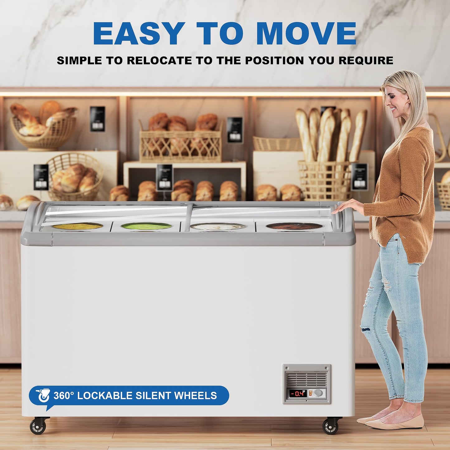 Commercial Ice Cream Freezer, 13 Cu.Ft Ice Cream Dipping Cabinet Chest Freezer with Sliding Glass Top, 51'' with 8 * 3 Gallon Tubs, Rolling Wheels & Lockable Brakes for Business