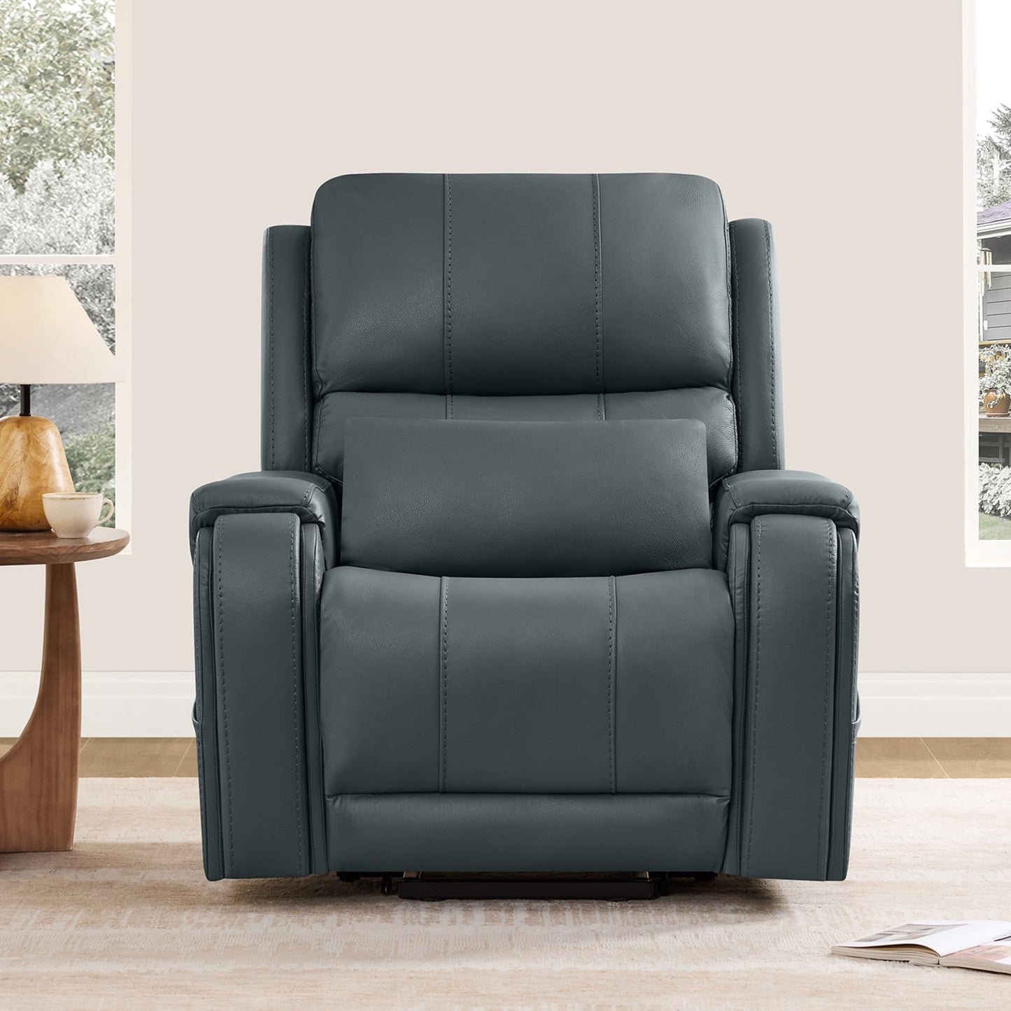 CHITA Power Lift Recliner Chair for Elderly with Heat and Massage, Genuine Leather Electric Lift Chairs with Cup Holder, Removable Lumbar Pillow, 2 Side Pockets, Leather in Navy