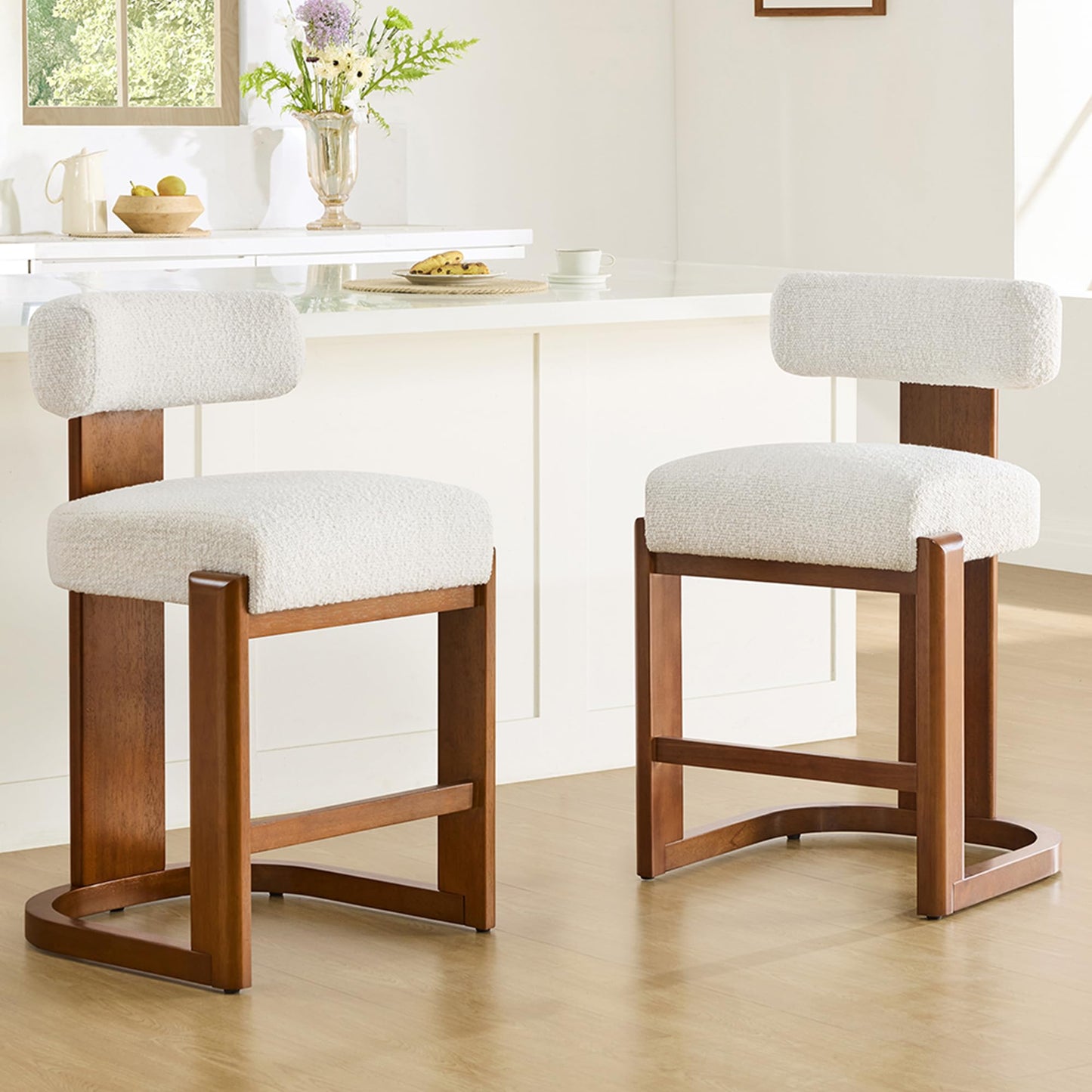 CHITA Modern Bar Stools Set of 2, 27" Counter Height Bar Stools, Upholstered Barstools with Backs and Wood Legs for Kitchen Island Dining Room, Oatmeal Fabric with Walnut Frame