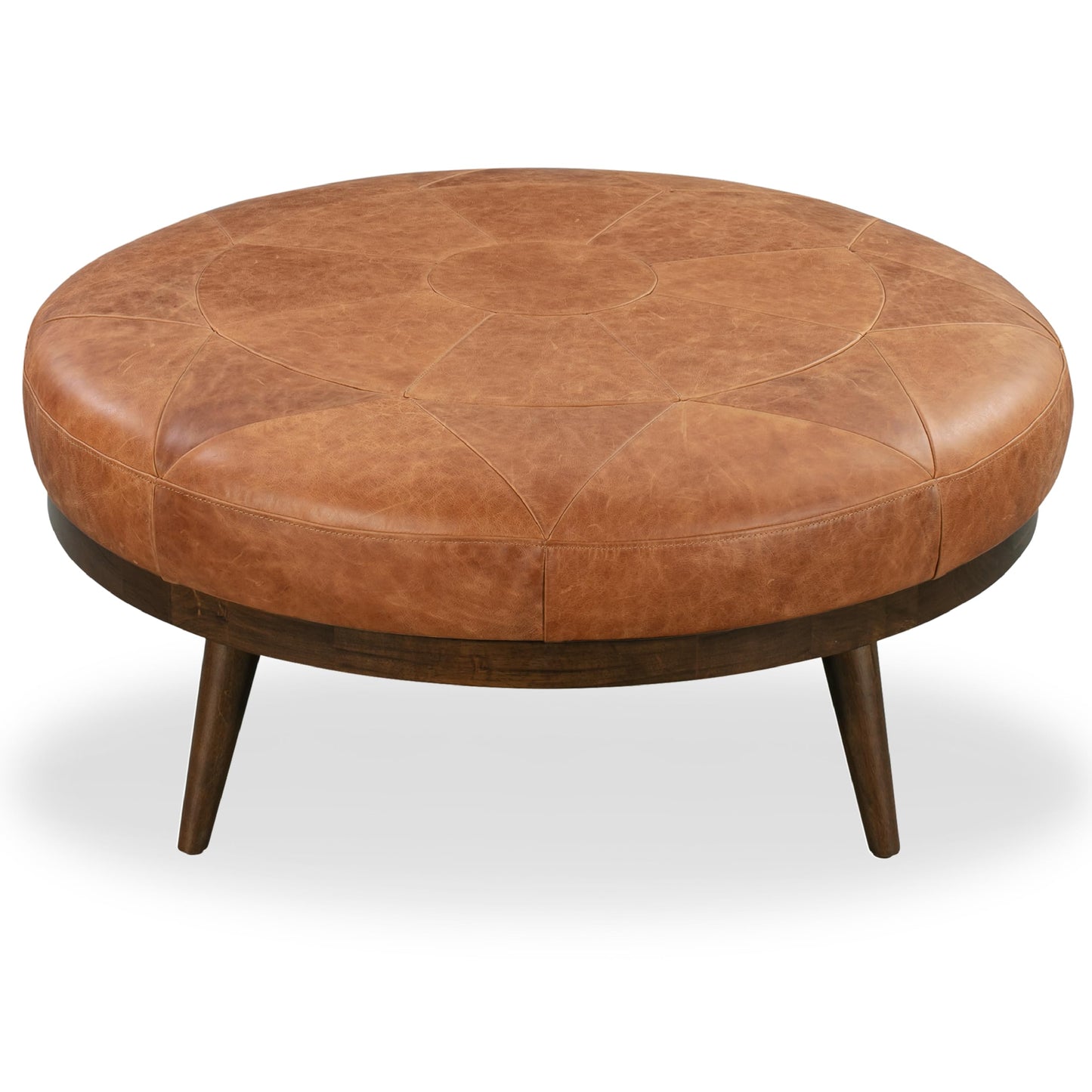 POLY & BARK Denver Ottoman – 43" Large Pouf with Feather-Down Topper – Full-Grain Leather Upholstered Pouf Ottoman for Living Room – Vintage Italian Leather in Cognac Tan