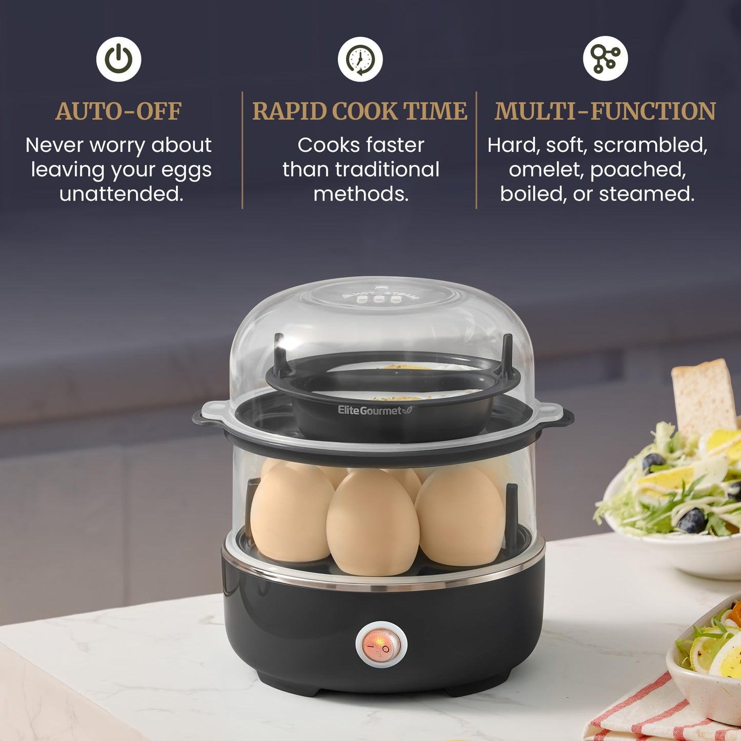 Elite Gourmet EGC115B Easy Egg Cooker Electric 7-Egg Capacity, Soft, Medium, Hard-Boiled Egg Cooker with Auto Shut-Off, Measuring Cup Included, BPA Free, Classic Black