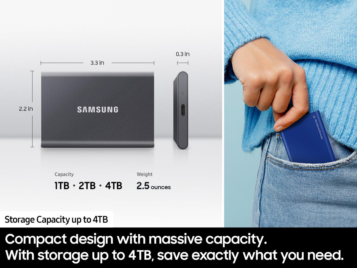 Samsung T7 Portable SSD, 2TB External Solid State Drive, Speeds Up to 1,050MB/s, USB 3.2 Gen 2, Reliable Storage for Gaming, Students, Professionals, MU-PC2T0T/AM, Gray