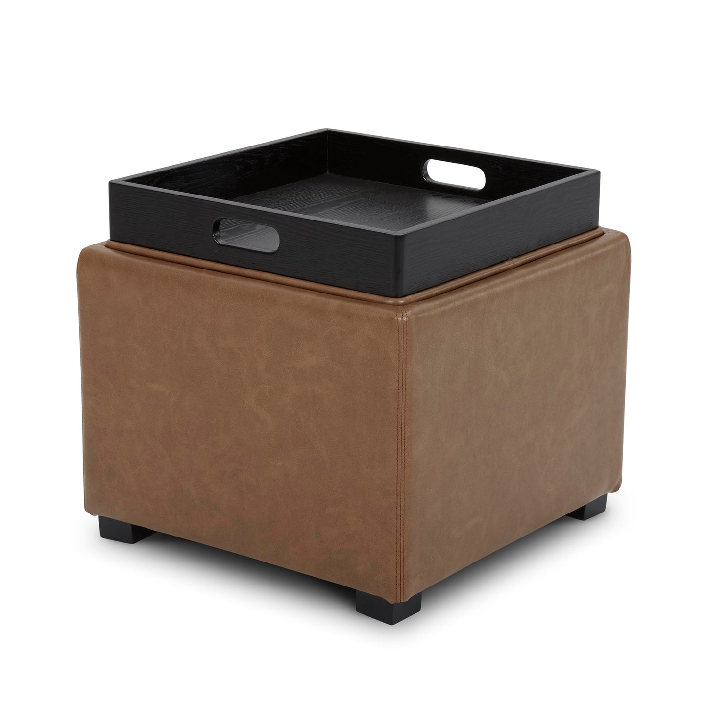 CHITA Storage Ottoman Cube with Tray Lid, Small Footstool with Storage, Square End Table for Living Room and Bedroom, Faux Leather in Saddle Brown