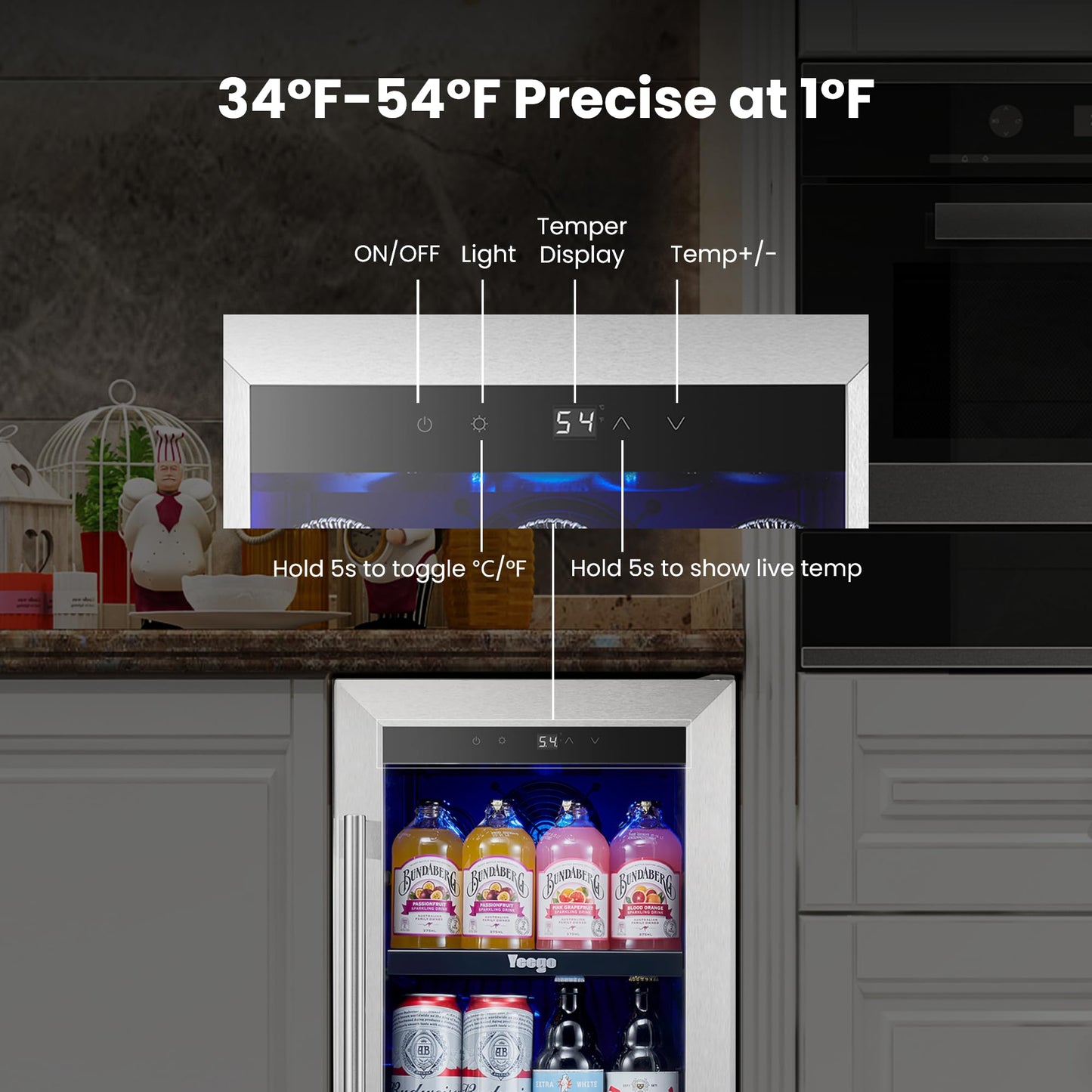 Yeego 24 Inch Beverage Refrigerator – 180 Can Built-In Under Counter Drink Fridge with Glass Door, 34–54°F Cooling for Beer, Soda & Wine (Right-Hinged)