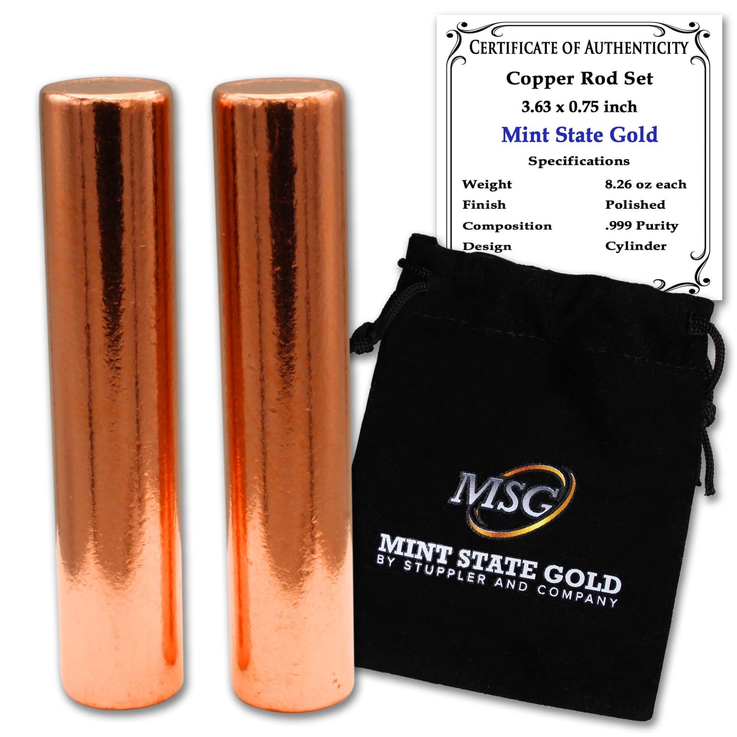 Premium Copper Round Rod Set - 2 Piece (3.63" x 0.75") - 99.9% Pure - Velvet Pouch & Authenticity Certificate Included by Mint State Gold