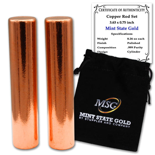 Premium Copper Round Rod Set - 2 Piece (3.63" x 0.75") - 99.9% Pure - Velvet Pouch & Authenticity Certificate Included by Mint State Gold