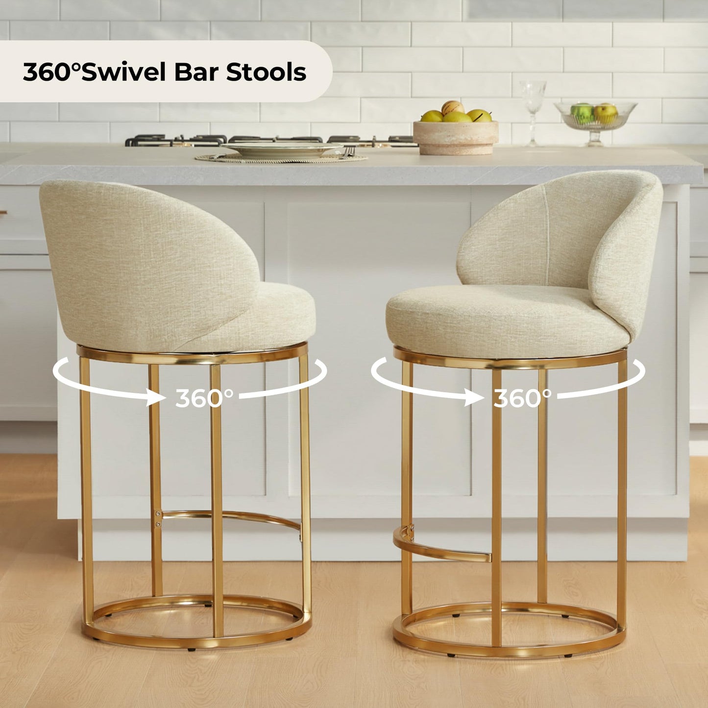 CHITA Swivel Counter Height Bar Stools Set of 3, Upholstered Bar Chairs with Backrest, Sturdy Metal Base, 26.8" Seat Height for Kitchen Island & Home Bar, Sand