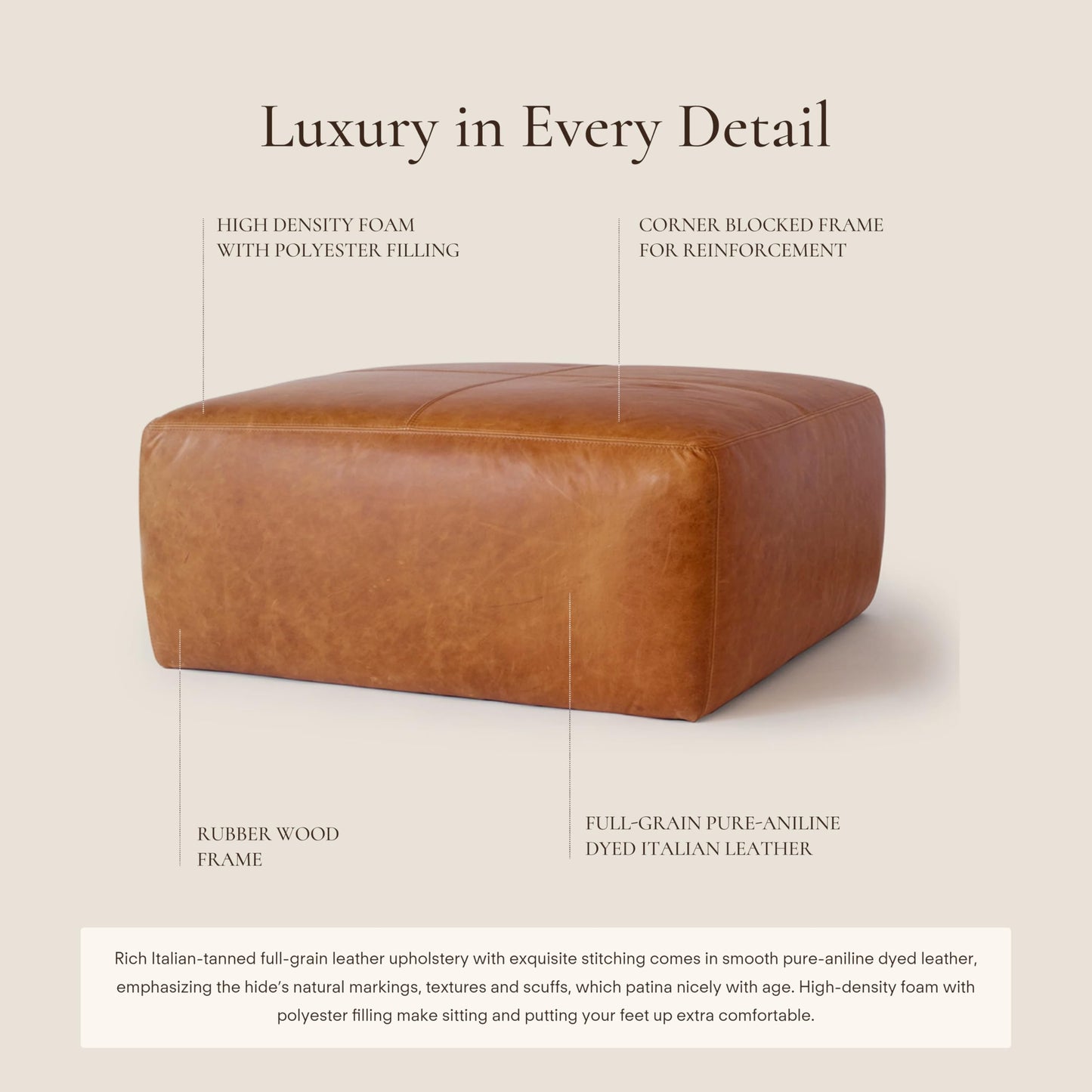POLY & BARK Denver Ottoman – 43" Large Pouf with Feather-Down Topper – Full-Grain Leather Upholstered Pouf Ottoman for Living Room – Vintage Italian Leather in Cognac Tan