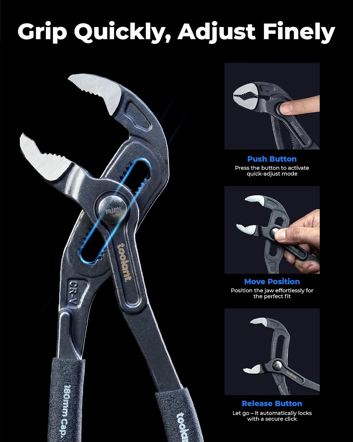 toolant Water Pump Pliers, 7 inch Groove Joint Pliers, Quick Release Tongue and Groove Pliers with 18-Position Adjustment, V-Jaw Design with Comfort Grips