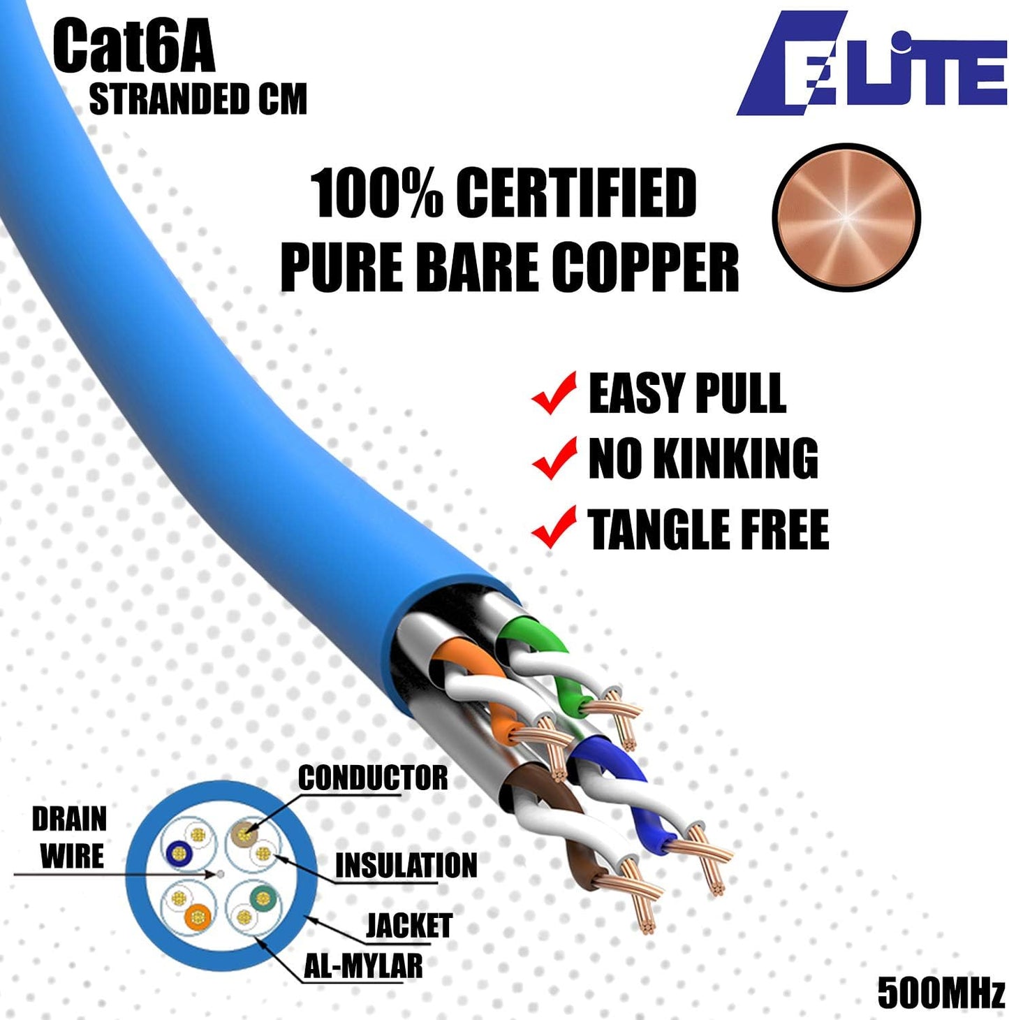 CAT6A Screened Patch Cable (cm), 1000ft, U/FTP 28AWG, Pure Copper, 650MHz, UL Certified, Bulk Ethernet Cable Reel in Blue