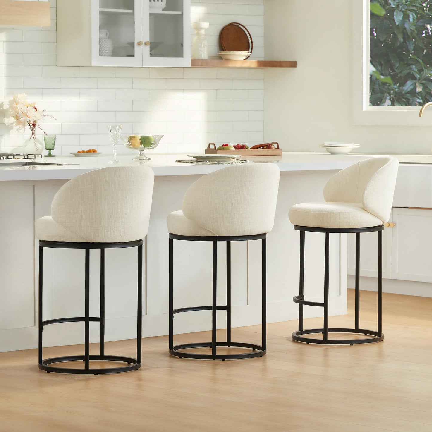 CHITA Swivel Counter Height Bar Stools Set of 3, Upholstered Bar Chairs with Backrest, Sturdy Metal Base, 26.8" Seat Height for Kitchen Island & Home Bar, Sand