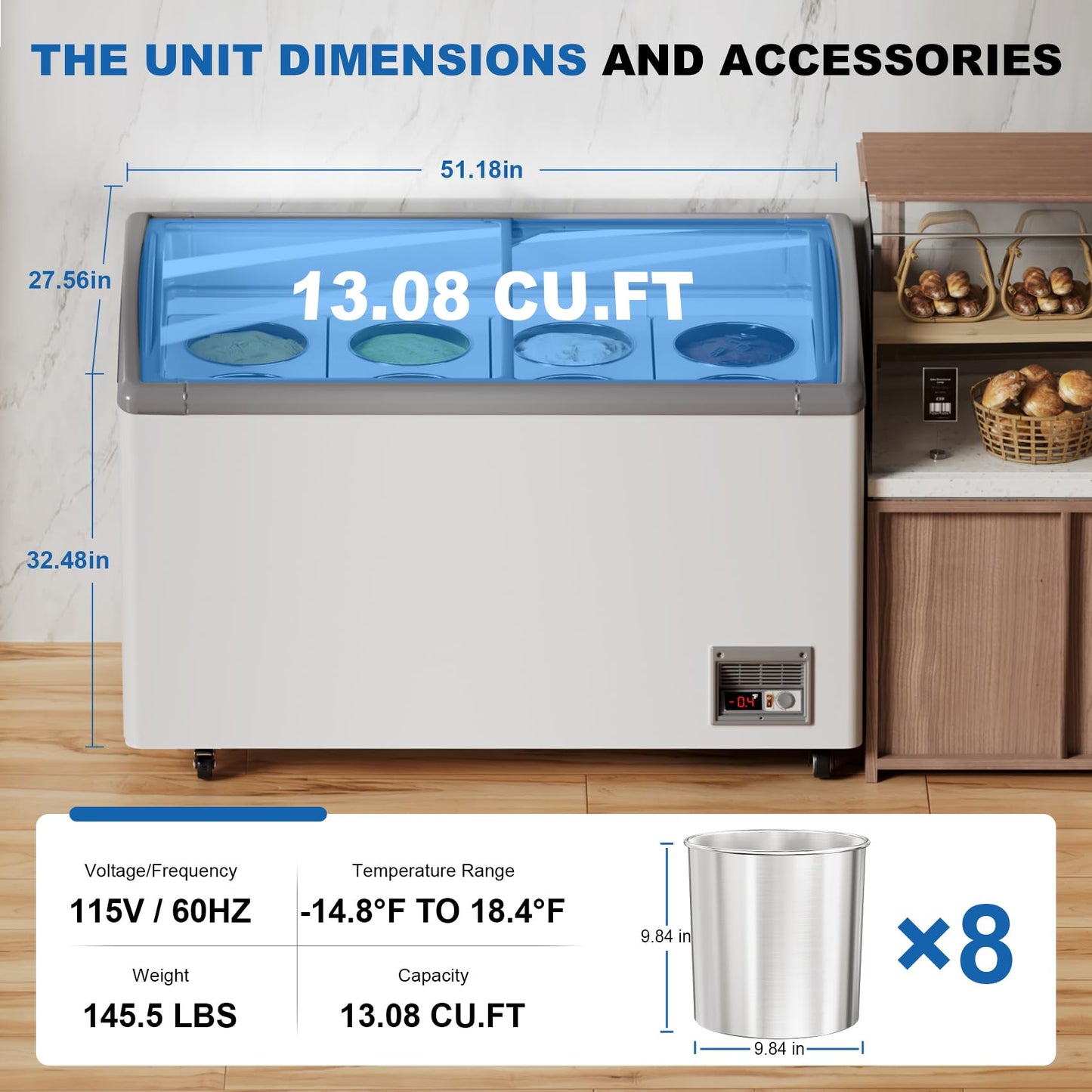 Commercial Ice Cream Freezer, 13 Cu.Ft Ice Cream Dipping Cabinet Chest Freezer with Sliding Glass Top, 51'' with 8 * 3 Gallon Tubs, Rolling Wheels & Lockable Brakes for Business