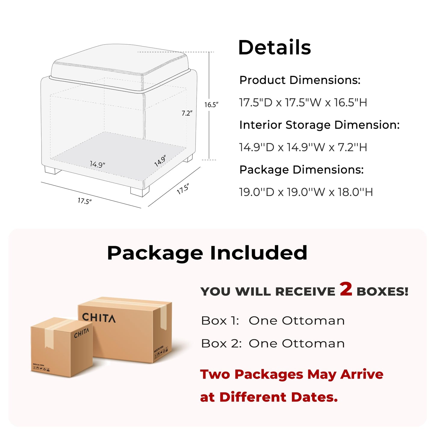 CHITA Storage Ottoman Cube with Tray Lid, Small Footstool with Storage, Square End Table for Living Room and Bedroom, Faux Leather in Saddle Brown