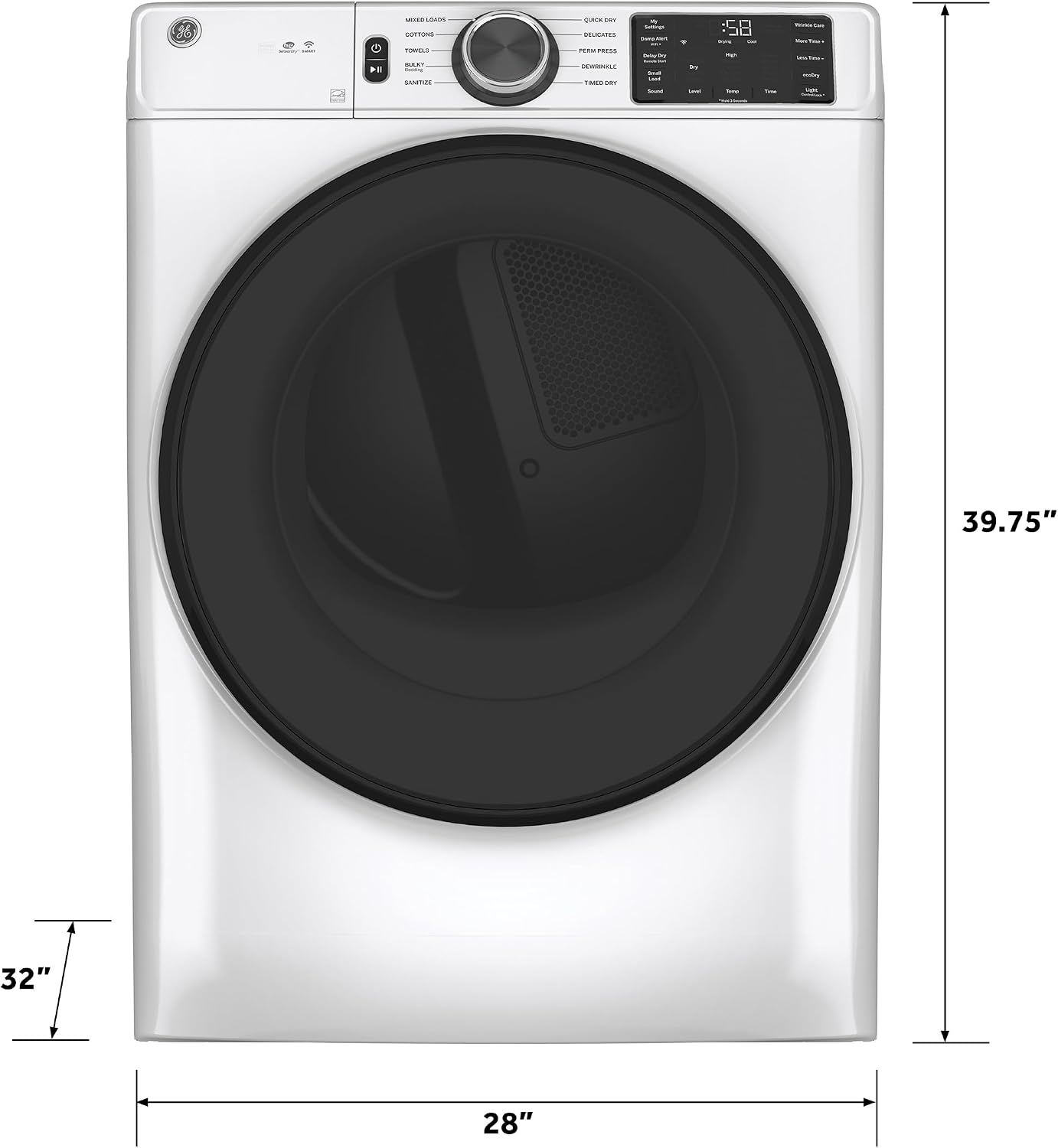GE GFD55ESSNWW 28" Front Load Electric Dryer with 7.8 cu. ft. Capacity Built-in WiFi HE Sensor Dry and Sanitize Cycle in White