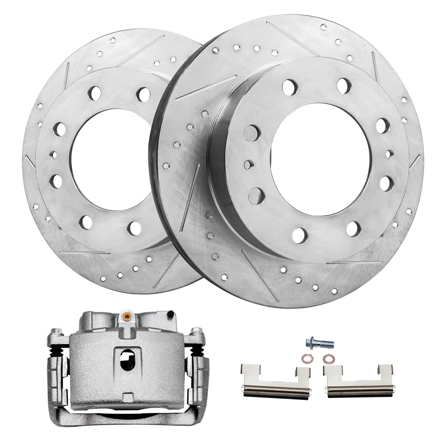 Detroit Axle - Front Brake Kit for Chevy GMC Silverado Sierra Suburban Express Savana 1500 Tahoe Yukon XL Escalade ESV EXT XTS Drilled & Slotted Brake Rotors Ceramic Brakes Pads : 12.99'' inch Rotor