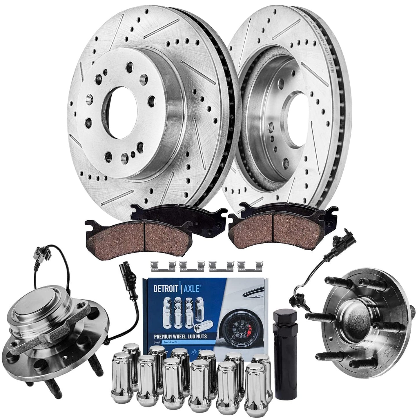 Detroit Axle - Brake Kit for 2012-2020 Ford F-150 Drilled & Slotted Brake Rotors and Ceramic Brakes Pads 2013 2014 2015 2016 2017 2018 2019 Front and Rear Replacement