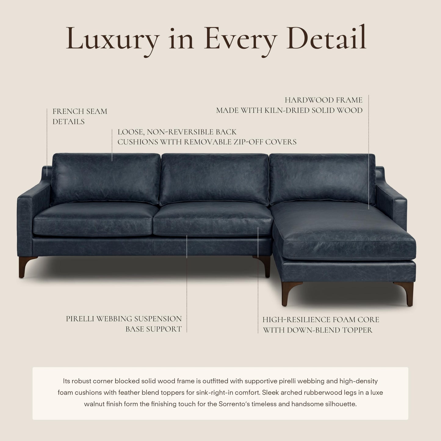 Poly & BARK Harper Left-Facing Leather Sleeper Sectional Sofa Cognac Tan– Full-Grain Aniline Leather, Sculptural Silhouette, Walnut-Finished Legs – Modern Statement Sofa for Living Spaces