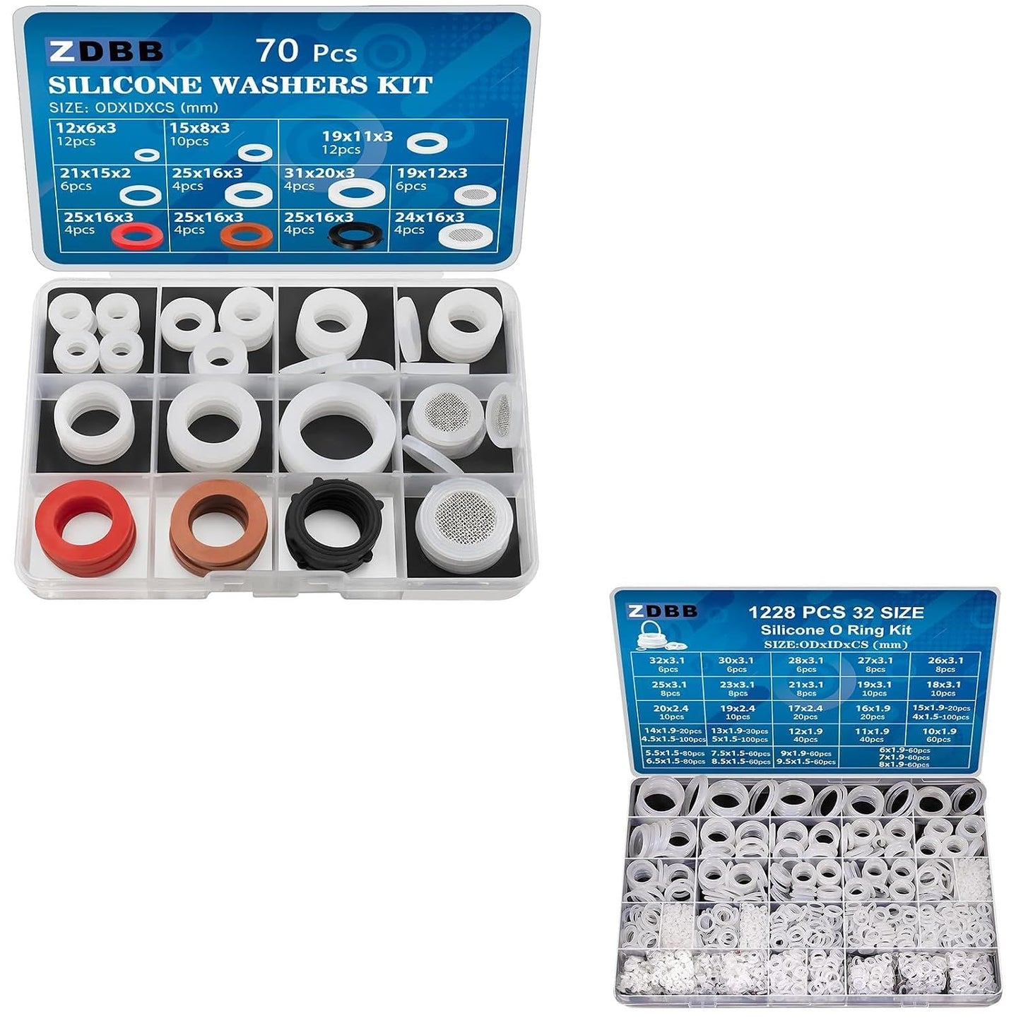 ZDBB 70 Pcs Plumbing Silicone Gasket and 1228 PCS Clear Food Grade Silicone O-Ring Kit for Assorted Shower Head Garden Hose High Temperature Hot Plumbing Pipes Fittings Seal Repair