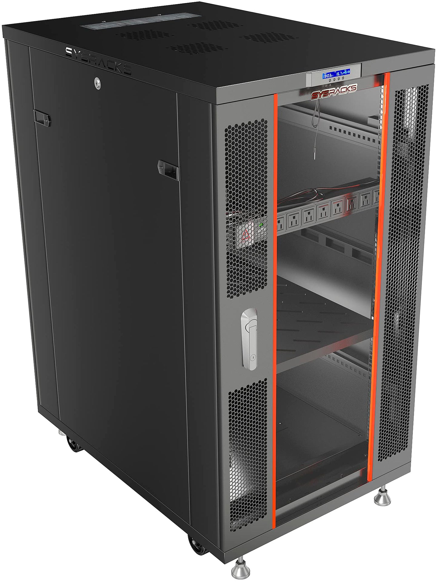 Sysracks 32U Server Rack Cabinet, 32" Deep, Glass Door, 19-Inch | 4-fan thermostat cooling, PDU, shelf, casters, cable brushes, 1600 lb capacity