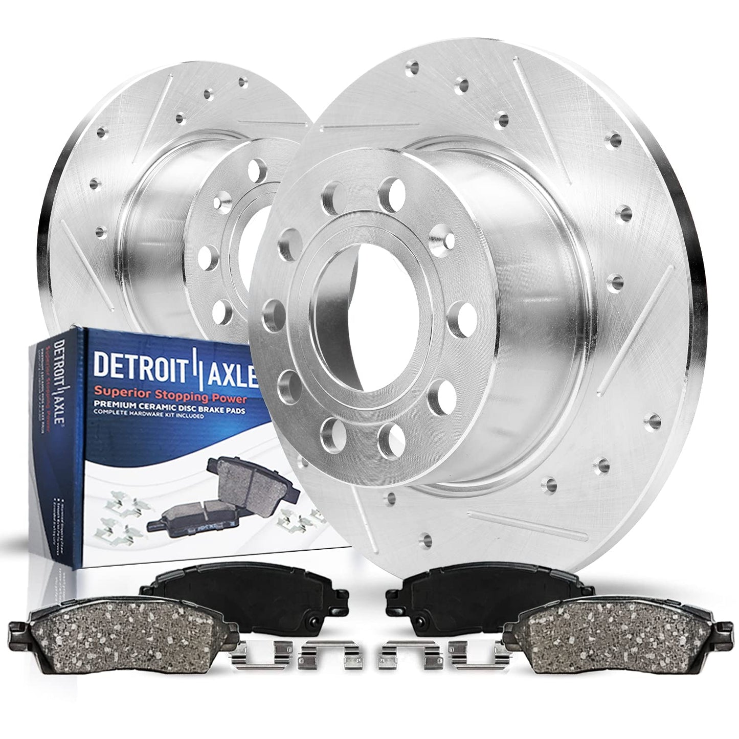 Detroit Axle - Front Brake Kit for 2006-2018 Dodge Ram 1500, 07-09 Durango Chrysler Aspen, 2019-2024 Ram 1500 Classic, Drilled and Slotted Disc Brake Rotors Ceramic Brakes Pads Replacement