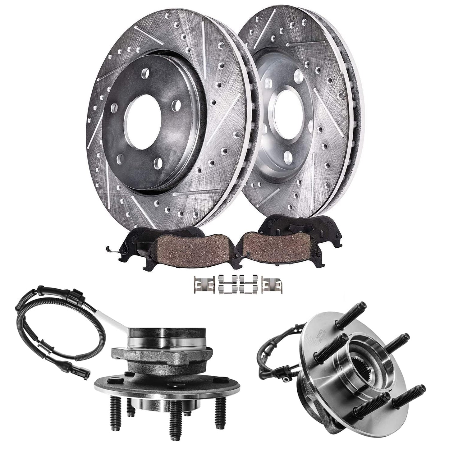 Detroit Axle - Front Brake Kit for Chevy GMC Silverado Suburban Sierra Savana Express 1500 Tahoe Yukon XL Cadillac Escalade ESV EXT Drilled Slotted Disc Brake Rotors Ceramic Brakes Pads Replacement