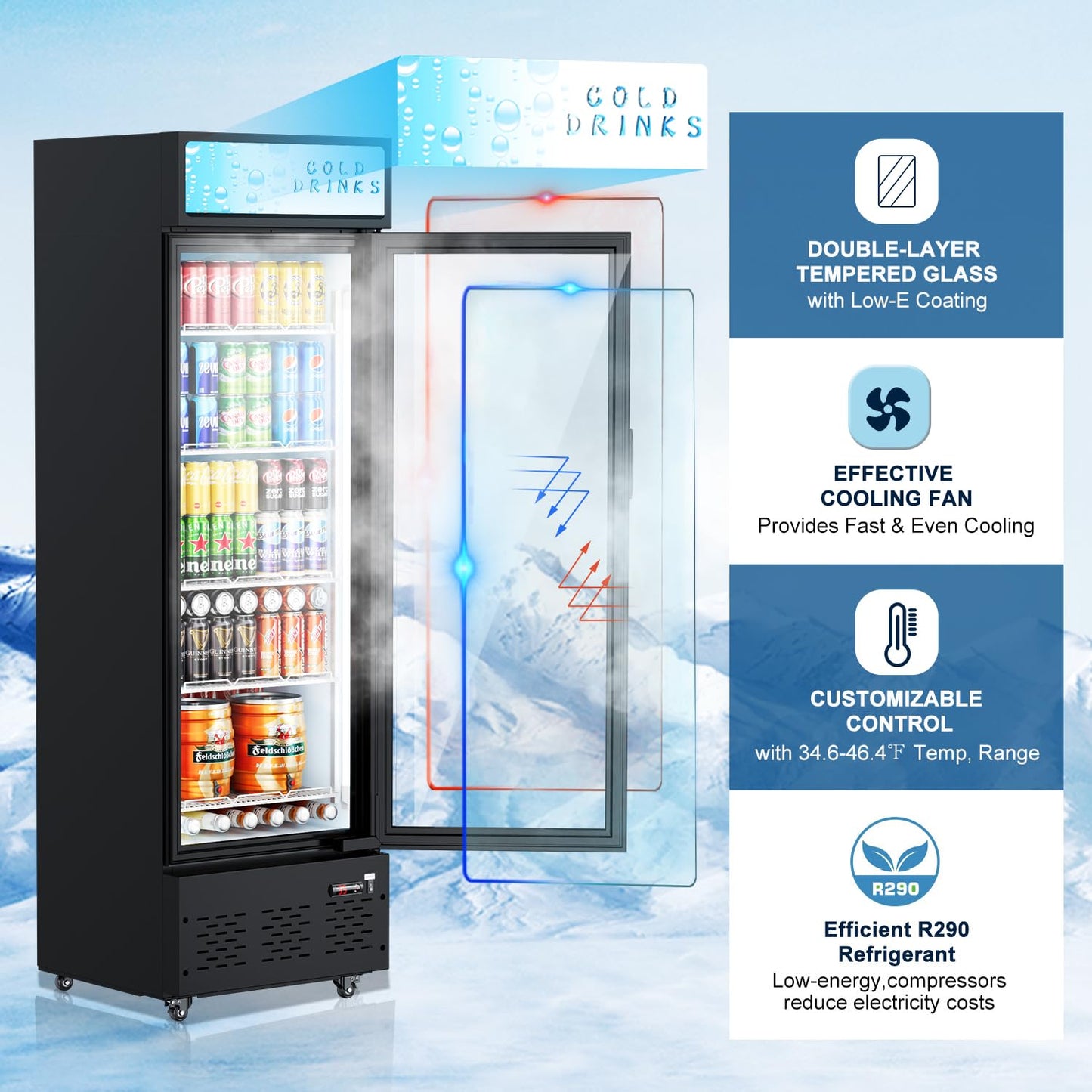 25.7'' W Commercial Refrigerators with Glass Door, 15 Cu.ft. Beverage Refrigerators Commercial Fridge Upright Display Cooler with Soft LED Light and Adjustable Shelves for Restaurant Stores