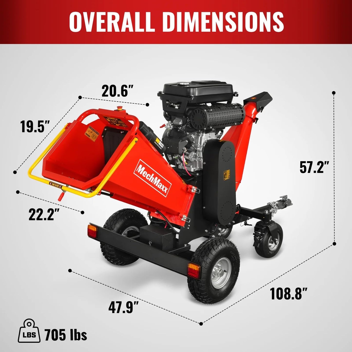 MechMaxx 6 inch ZONSEN 459cc 15hp E-Start Gas Powered 4-Wheels Wood Chipper Shredder Mulcher with Towbar/Tail Light/Emergency Stop Button/Stop Bar, Model B150 Red