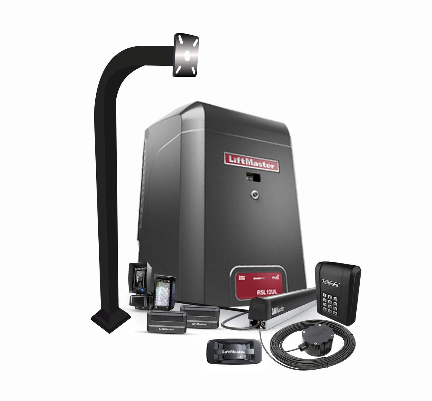 LiftMaster CSL24UL Commercial Slide Gate Operator – High-Traffic Gate Opener Kit with 811LM Remotes, KPW5 Keypad, myQ 828LM Gateway, LMRRUL Photo Eye, S505AL, LA Ornamental 42" Pedestal, CP4 Cartell