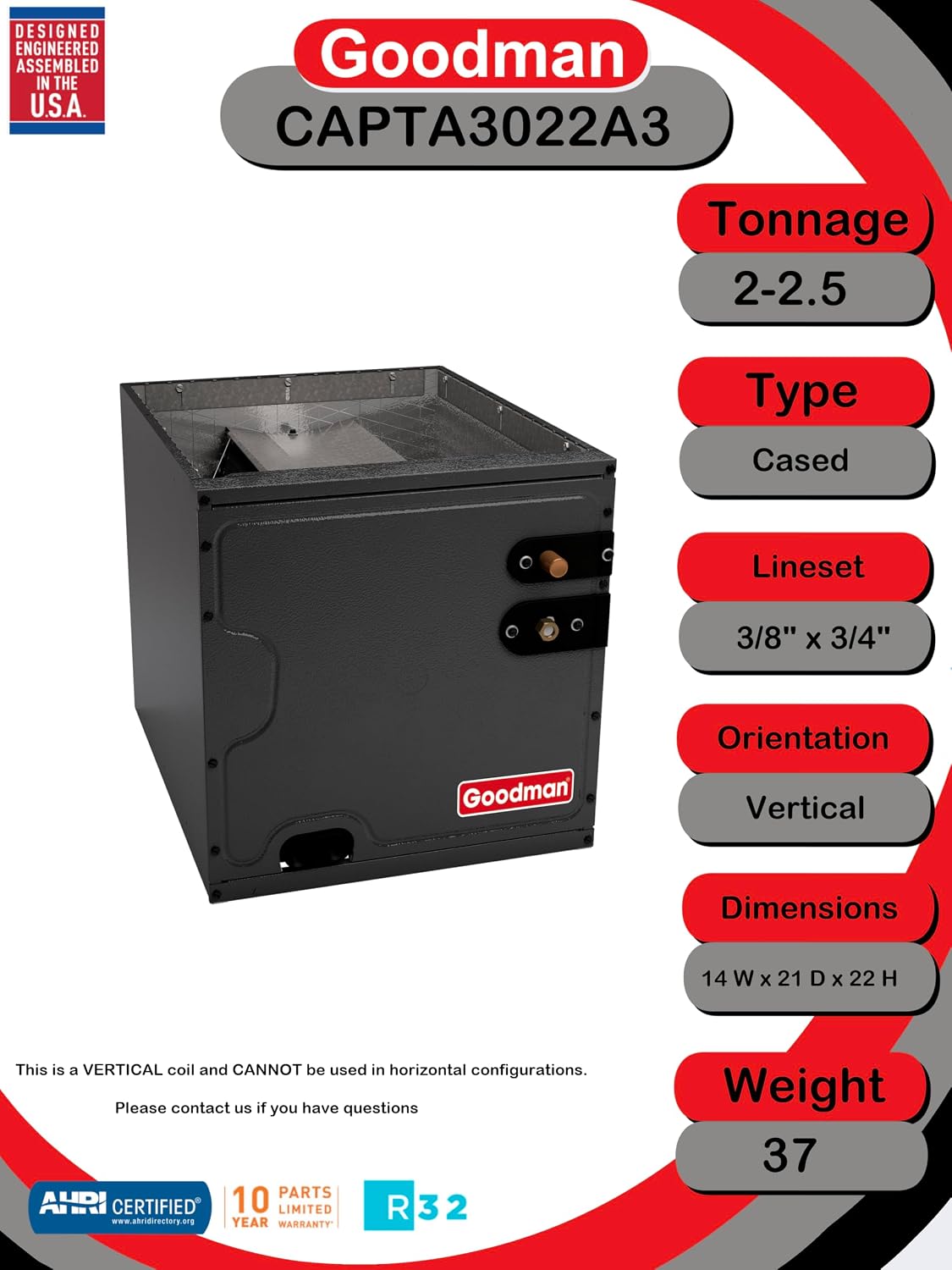Goodman 2.5 Ton 13.4 SEER2 80% AFUE 40,000 BTU R-32 Air Conditioner & Gas Furnace System (GLXS3BN3010, CAPTA3022A3, GD9S800403AN)