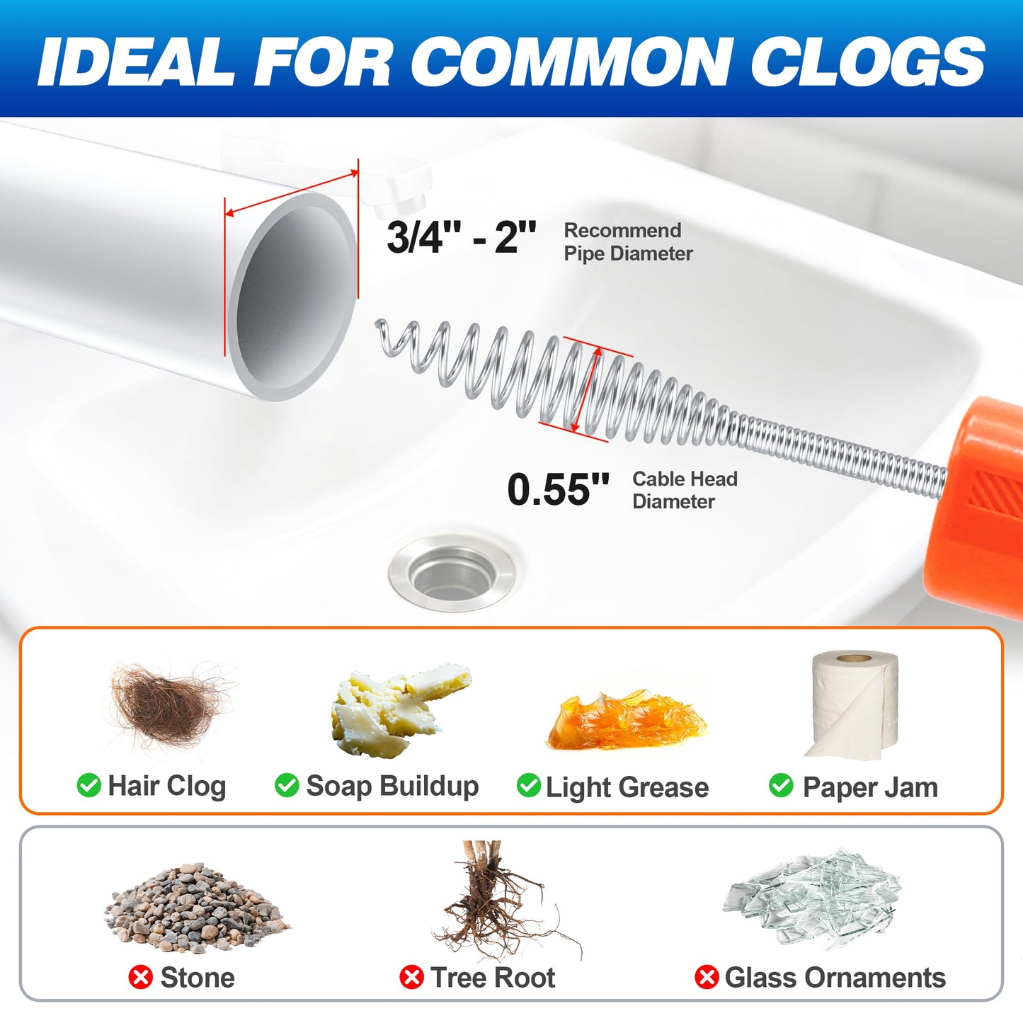 Drainsoon Auto Feed Drain Auger with Drill Adapter, 33 Feet Drain Snake Hair Clog Remover, Manual or Powered Plumbing Snake Drain Cleaner for Bathroom, Shower, Kitchen Sink, Comes with Gloves