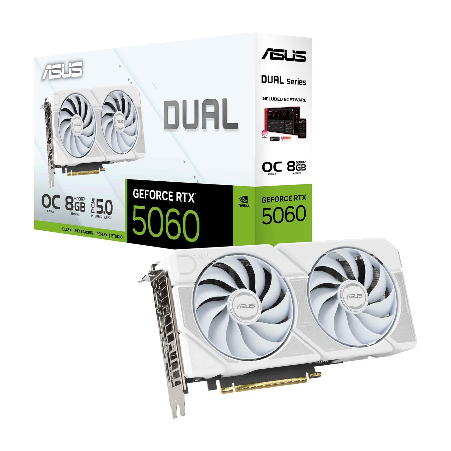 ASUS Dual NVIDIA GeForce RTX™ 5060 8GB GDDR7 White OC Edition Graphics Card, Desktop (PCIe 5.0, DLSS 4, HDMI 2.1b, DisplayPort 2.1b, 2.5-Slot, Axial-tech Fan, Dual BIOS), 3 Year Warranty