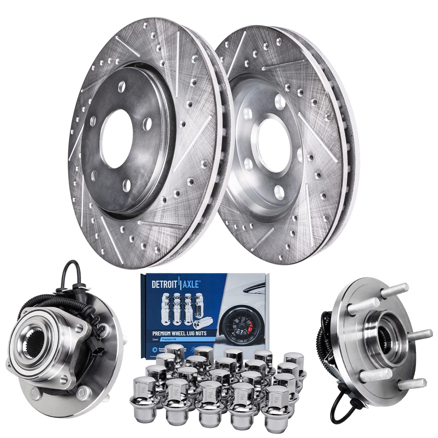 Detroit Axle - Brake Kit for 2012-2020 Ford F-150 Drilled & Slotted Brake Rotors and Ceramic Brakes Pads 2013 2014 2015 2016 2017 2018 2019 Front and Rear Replacement