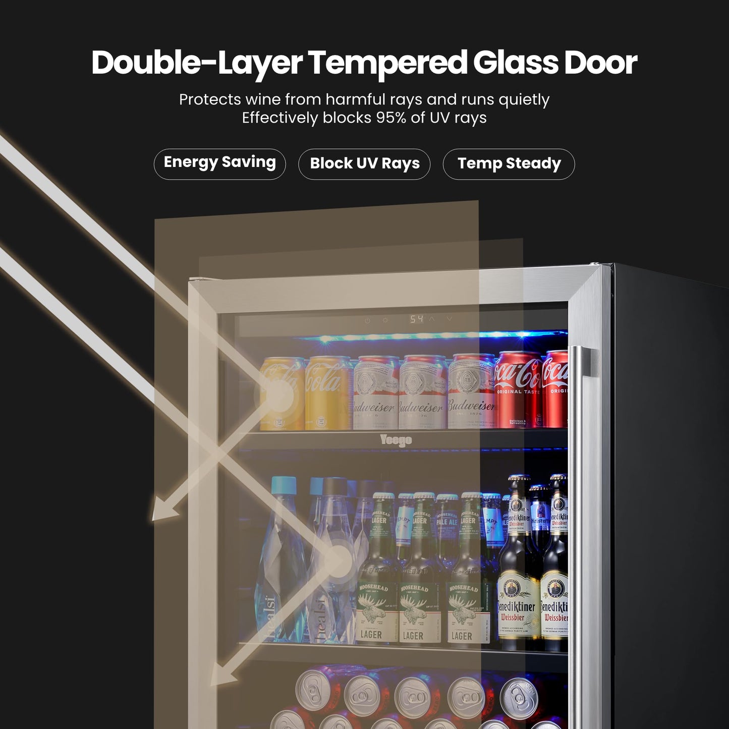 Yeego 24-Inch Beverage Refrigerator, Built-In or Freestanding Beverage Cooler, Up to 180 Cans, Glass Door Mini Fridge for Soda, Beer, Water & Wine (Left-Hinged)