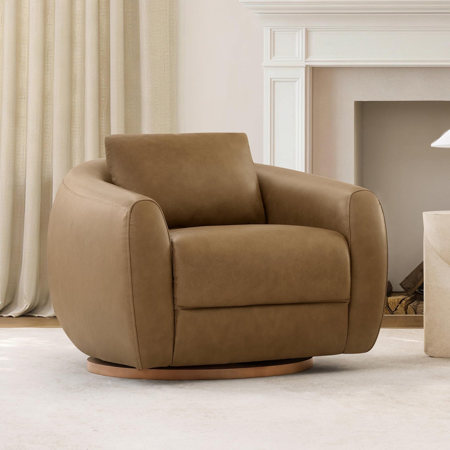 CHITA Genuine Leather Swivel Accent Chair, FSC Certified Mid Century Modern Arm Chair with Wood Base for Living Room and Bedroom, Fully Assembled, Sand