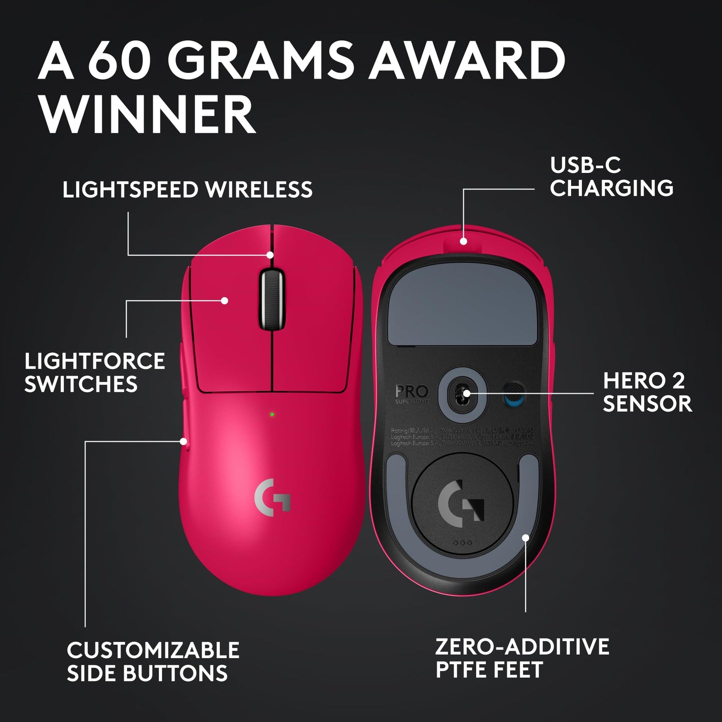 Logitech G PRO X Superlight 2 Wireless Gaming Mouse - Black | 60g, Symmetrical Shape, <8 kHz Polling, 44K DPI, PowerPlay Wireless Charging Supported, USB-C, 5 Buttons, For PC/Mac