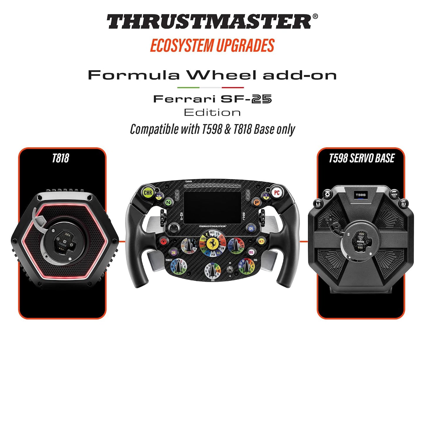 Thrustmaster Formula Wheel Add-On Ferrari SF-25 - PS5, XBOX & PC | Ferrari licensed SF-25 replica, for single-seater, 4.3-in LCD, 25 buttons, 7 encoders, T-Chrono push/pull paddles, 21 LEDs