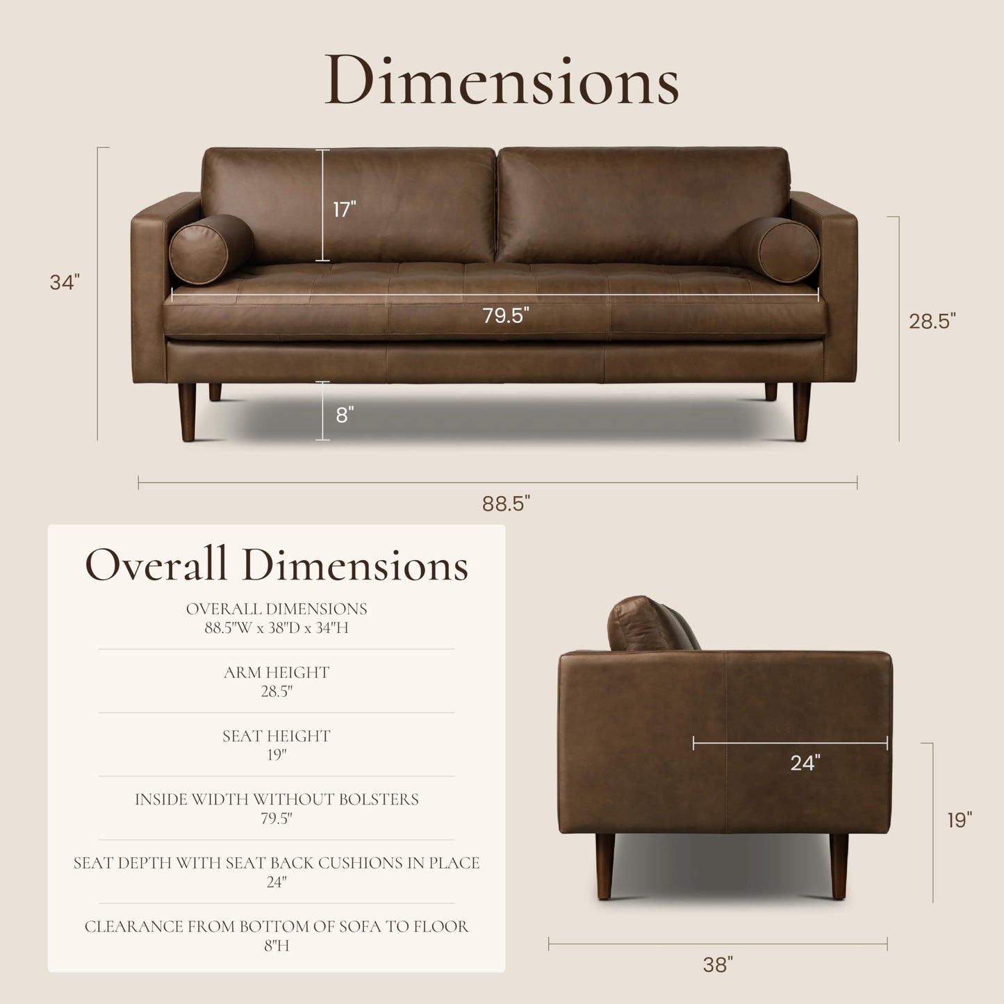 POLY & BARK Napa 82" Leather Pull‑Out Sleeper Sofa – Full‑Grain Italian Leather Upholstery,Tri‑Layer Mattress & Storage Console –Sophisticated Multi‑Functional Sofa Bed for Living Rooms & Guest Spaces