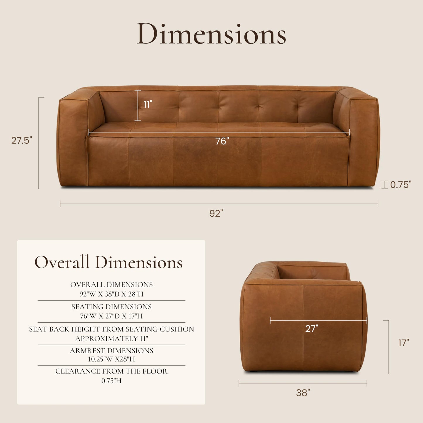 POLY & BARK Capa 96.5" Sofa – Chocolate Brown Full-Grain Pure-Aniline Italian Leather, Boxy Modern Design, Feather-Fiber Cushions, Solid Wood Frame