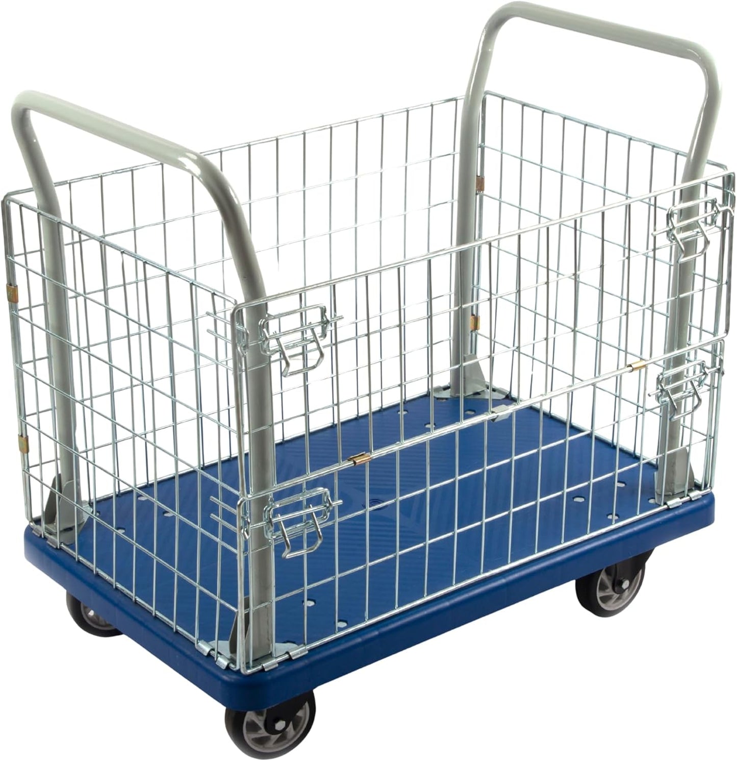 23 * 35 Platform Truck with Fence, 660 lb Capacity, Steel Handle, PP Deck, 5 Inch Casters, Manual Material Handling