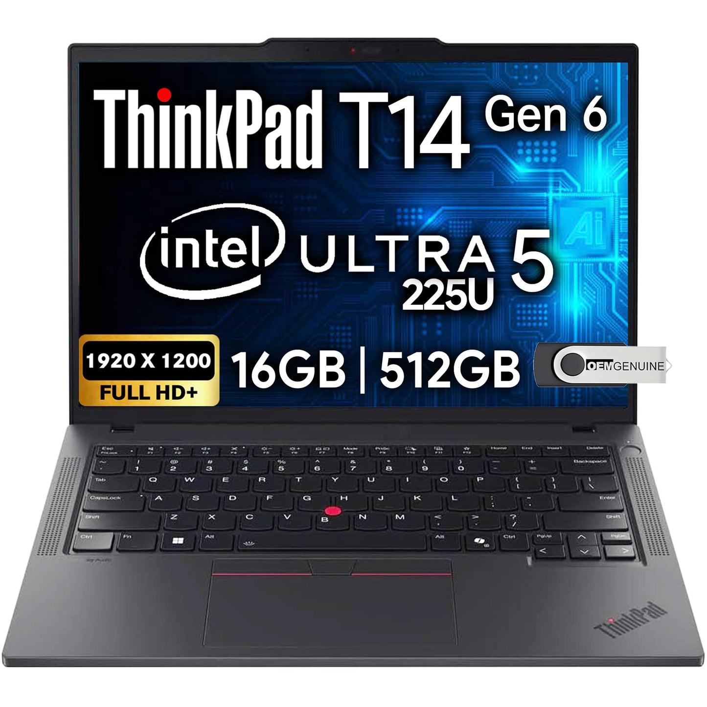 Lenovo ThinkPad T14 Gen 6 Business Laptop 14" FHD+ IPS, Intel Ultra 5 225U, 32GB DDR5 RAM, 1TB SSD, 5MP HD Webcam, Fingerprint, Backlit, Wi-Fi 6E, 2 Thunderbolt 4, AI PC