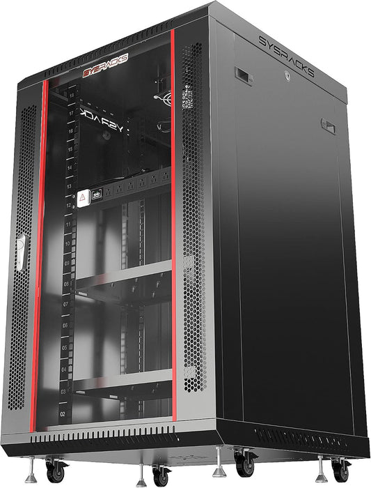 Sysracks Network Data Cabinet - 18U Rack Mount - Wall Mount IT Rack - Locking - Server Rack - 24-Inch deep Data Rack - Server Rack Cabinet with POWERBAR/Fan/Shelf/CASTERS for Servers - A/V Equipment