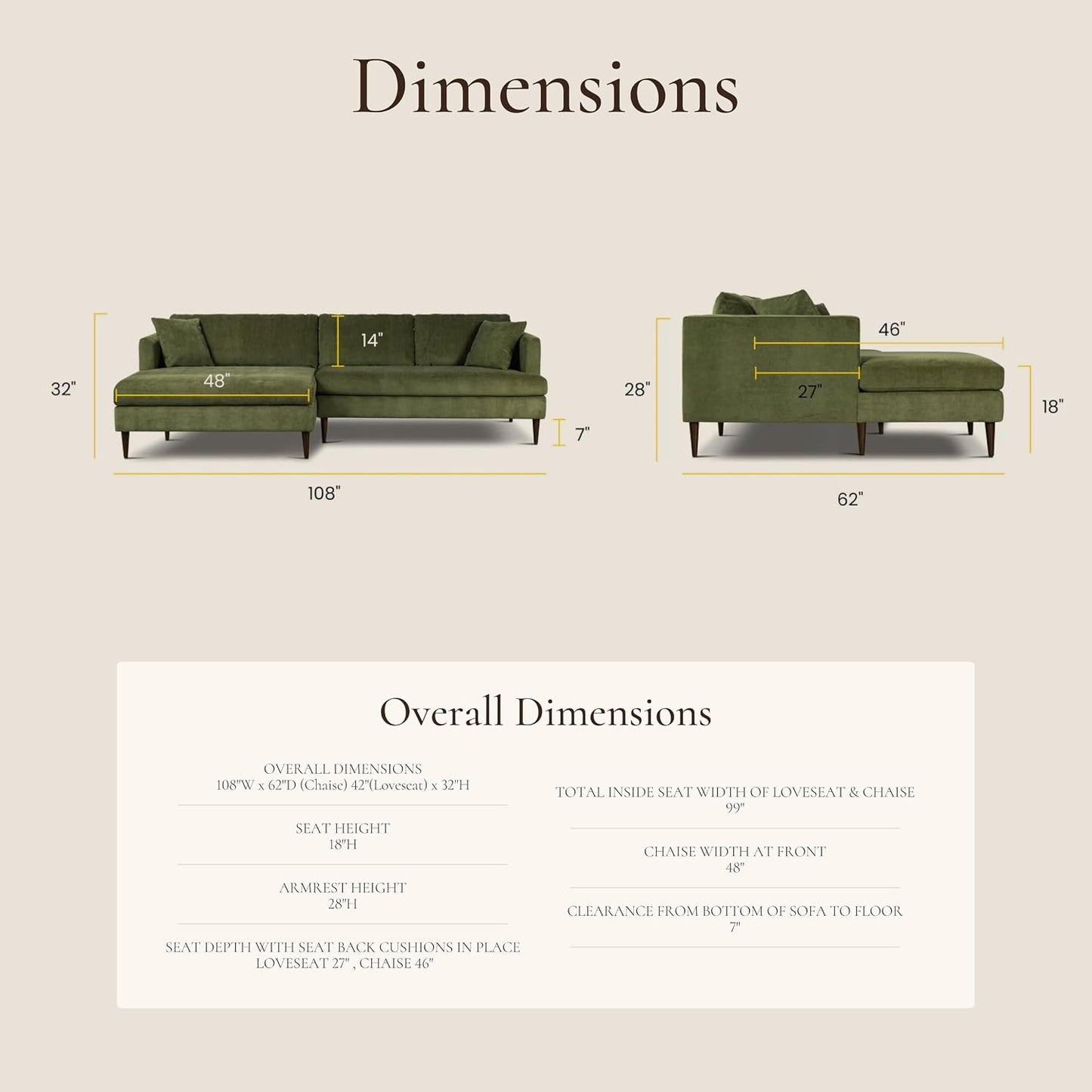 POLY & BARK 108" Lucerne Left-Facing Sectional Sofa with Extra-Wide Chaise – Upholstered in Distressed Green Velvet – Deep, Relaxed Modern Design for Living Room Lounging, Hosting and Everyday Comfort