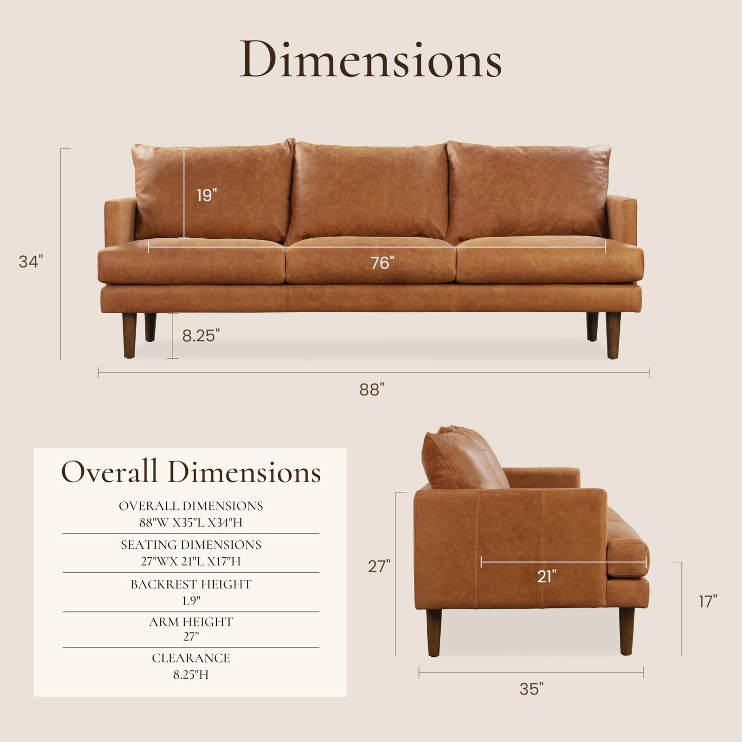 POLY & BARK Sorrento 86" Sofa – Cognac Tan Full-Grain Pure-Aniline Italian Leather, Feather-Down Cushions, Solid Wood Frame & Walnut Legs