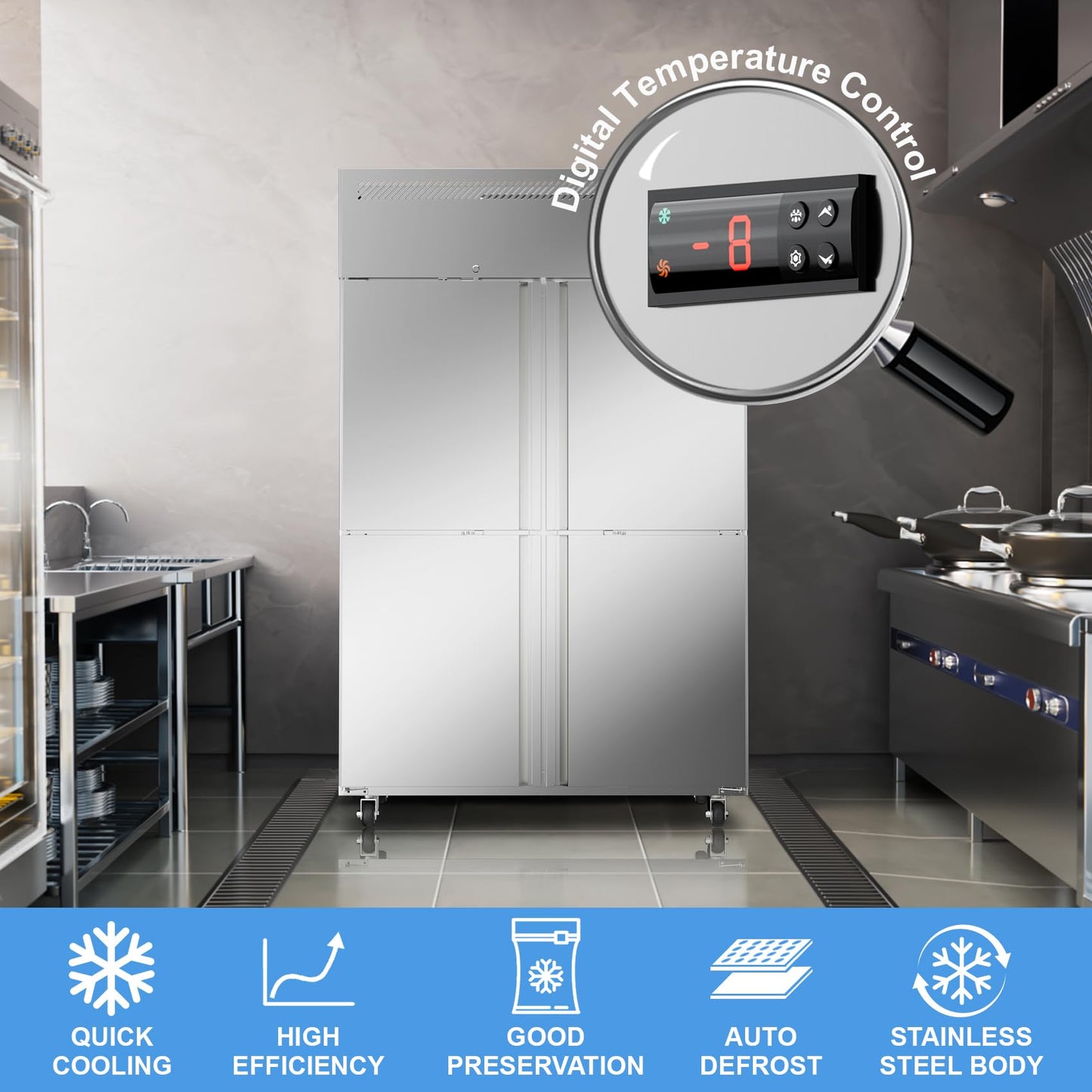 48"W 4 Door Commercial Freezer, 36 Cu.ft Stainless Steel Upright Freezer (-8℉ to -1℉) with 8 Adjustable Shelves, Lockable Door, Wheels, Auto-Defrost for Restaurant, Kitchen, Shop