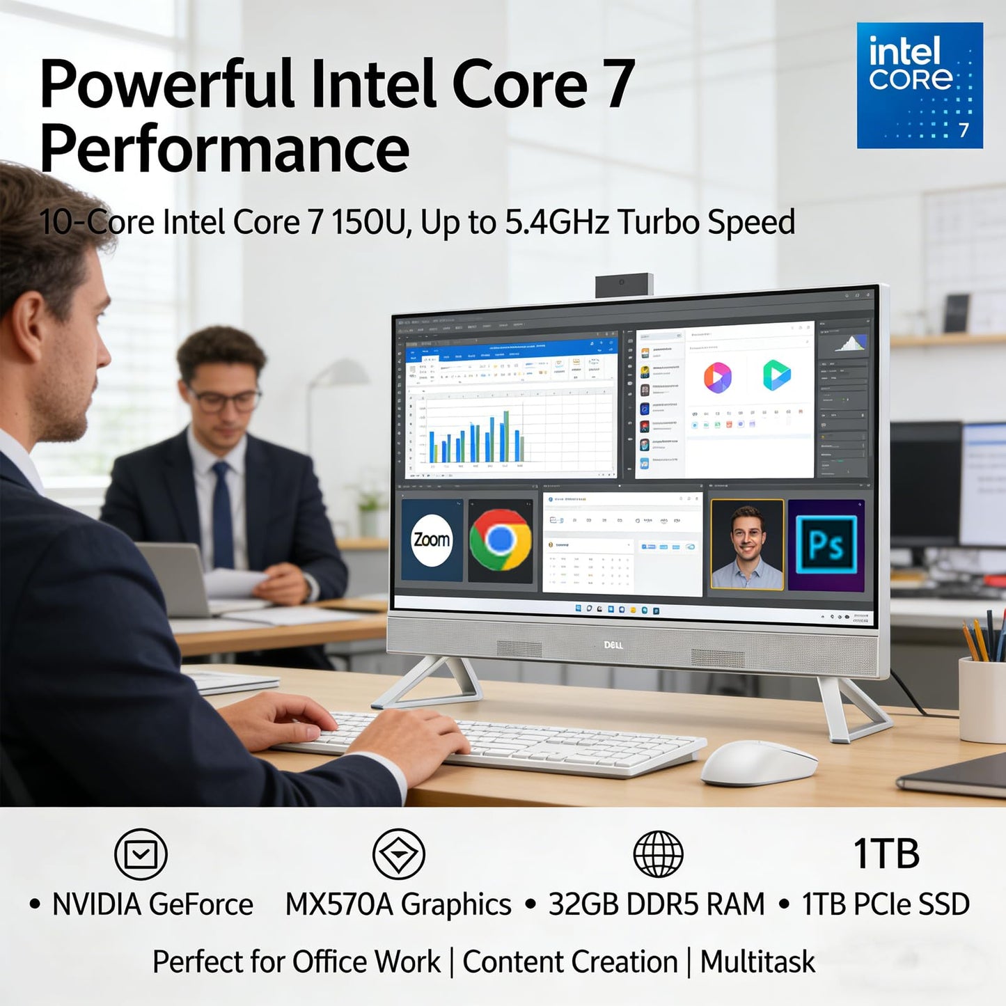 Dell All-in-One 27" Desktop - 27 inch FHD Touchscreen, Intel Core 7 150U (Up to 5.4GHz), NVIDIA GeForce MX570A, 32GB DDR5 RAM, 1TB SSD, Windows 11 Pro for Office & Home Work - White