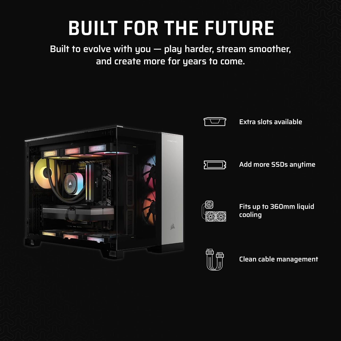 Corsair Vengeance i5200 Gaming PC – Liquid Cooled Intel® Core™ Ultra 9 285K CPU, NVIDIA® GeForce RTX™ 5090 GPU, 64GB Dominator Titanium RGB DDR5 Memory, 2+2TB M.2 SSD – Black/Silver
